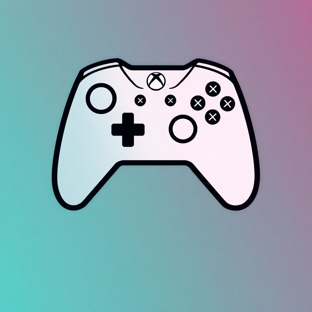 The image is a black and white illustration of a video game controller. The controller is in the shape of a joystick with a plus sign in the center. It has four buttons on the left side, two on the right side, and three on the bottom. The buttons are arranged in a grid-like pattern, with each button having a small circle in the middle. The background is a gradient of pastel colors, with shades of blue, pink, and purple. The overall design is simple and minimalistic.