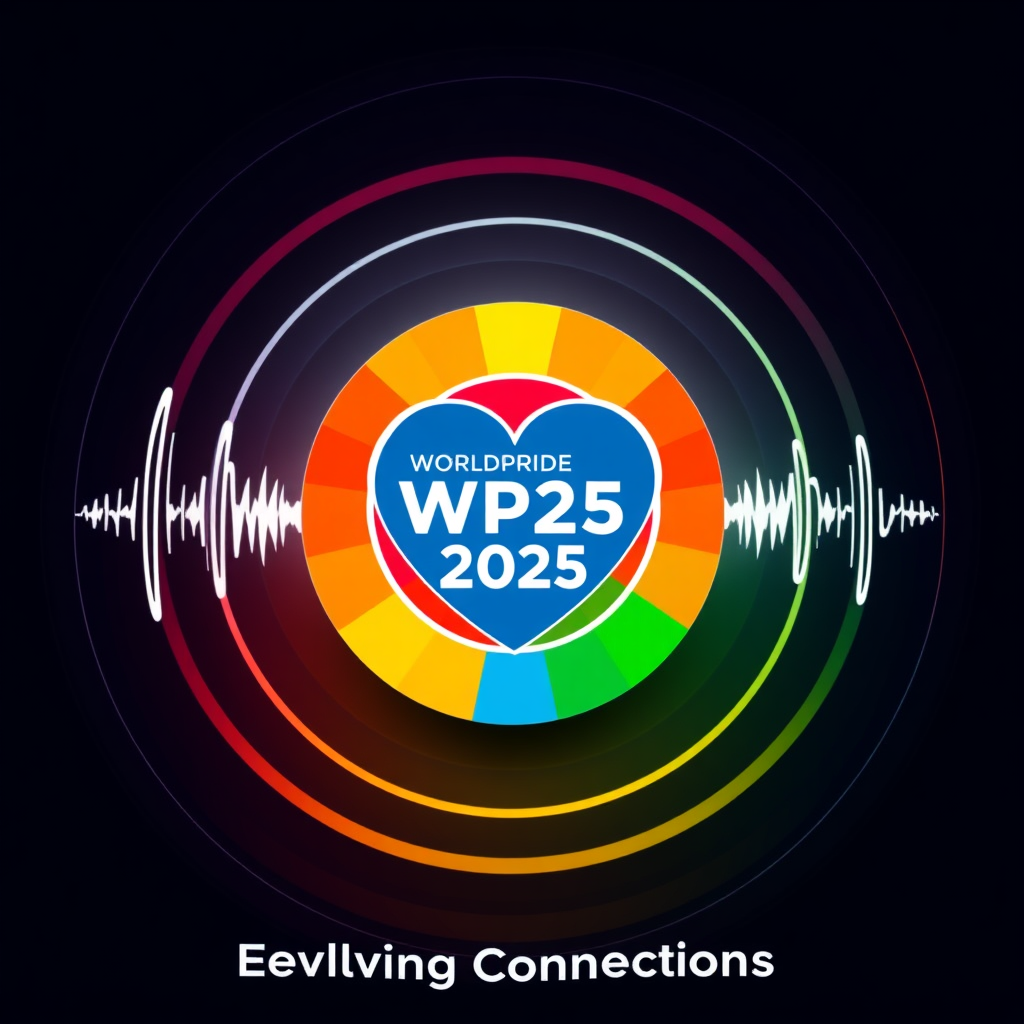 Pulse/Ripple Effect: Create a 'Dynamic Global Pride Mark' featuring a central WorldPride 2025 element (e.g., 'WP25' or a stylized heart icon) emitting concentric, pulsating ripples in Pride flag colors. This visualizes the expanding influence and 'Evolving Connections' of the global Pride movement.