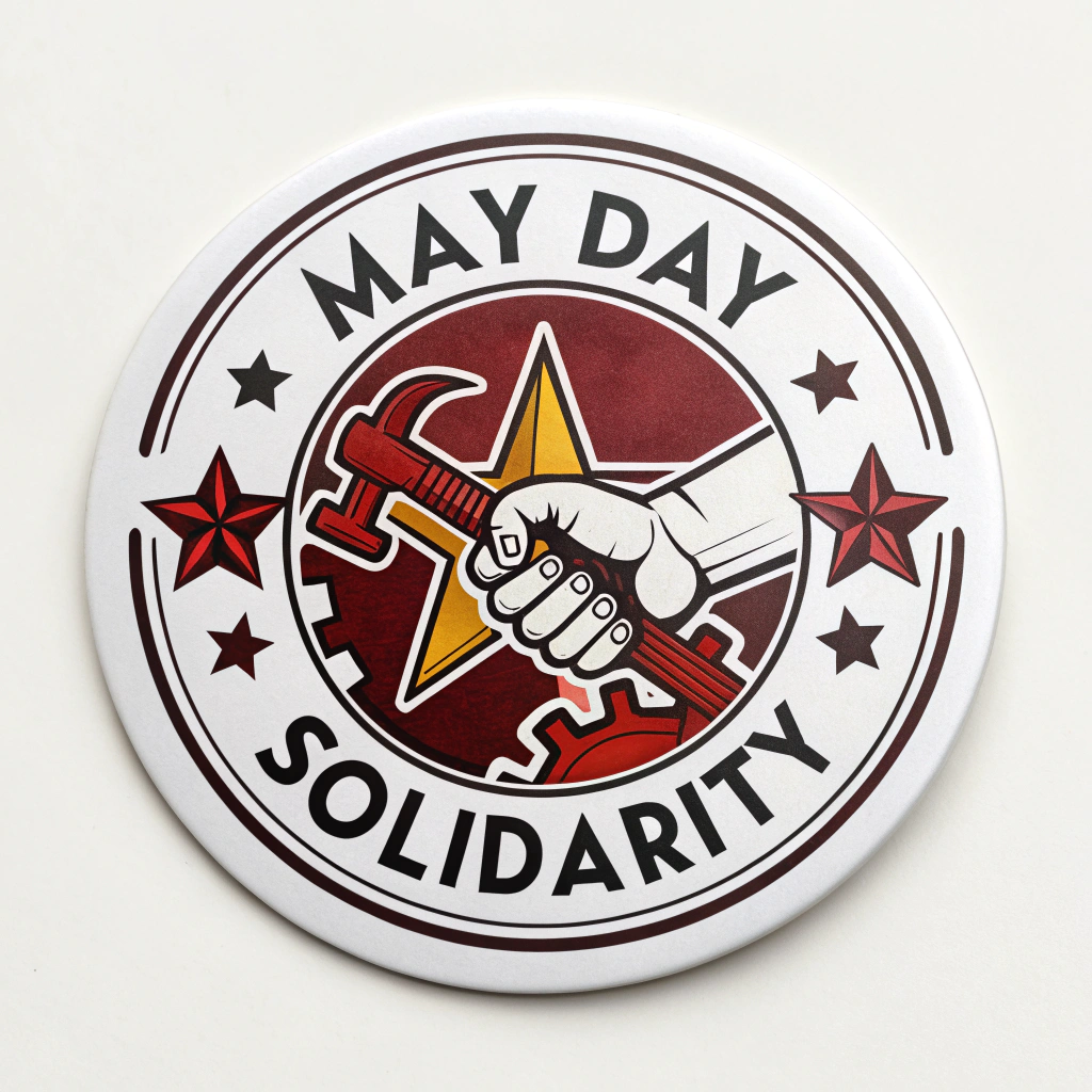 Simple Logo Idea: A circular or shield-shaped 'May Day Union' emblem featuring a central labor symbol (e.g., gear, star, handshake) with 'MAY DAY' and 'SOLIDARITY' in classic, bold sans-serif or slab-serif vintage fonts.