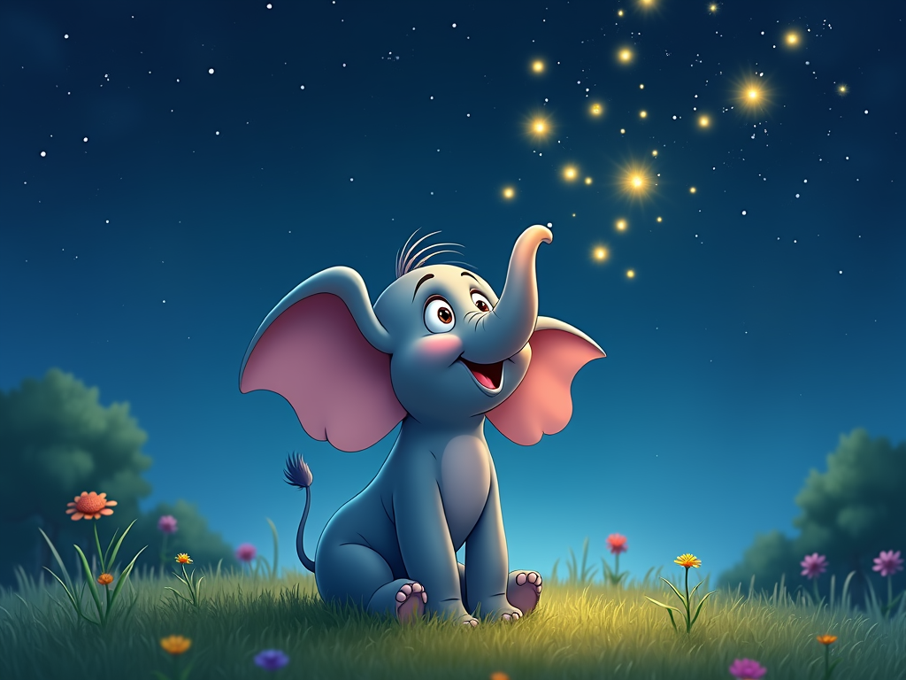 A whimsical elephant with small tusks, gazing at a starry night sky, with glowing fireflies around it.