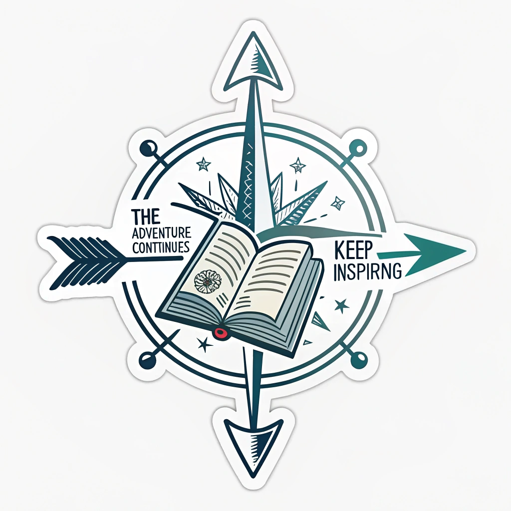 Simple Icon Idea: A minimalist icon combining a stylized compass arrow seamlessly merging with the silhouette of an open book. The arrow points upwards or forwards to signify 'The Adventure Continues,' while the open book represents knowledge and the call to 'Keep Inspiring.'