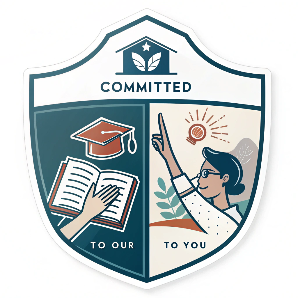 A shield emblem with 'Committed' at the top, an open book (students) in one half, and a supportive hand (you/teacher) in the other half. 'To Our Students, To You' below.