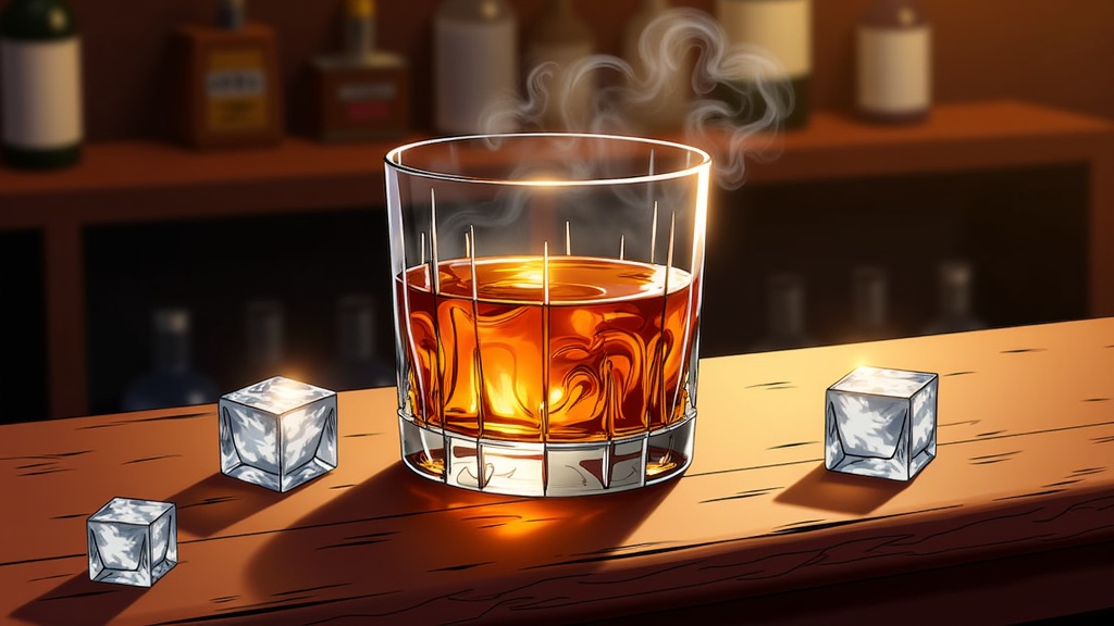  a glass of whiskey on a wooden bar counter. The glass is filled with a golden-brown liquid, which appears to be whiskey, and there is a thick layer of smoke rising from the top of the glass. There are three ice cubes on the counter next to the glass, and in the background, there are several bottles of alcohol on a shelf. The overall mood of the image is dark and moody.