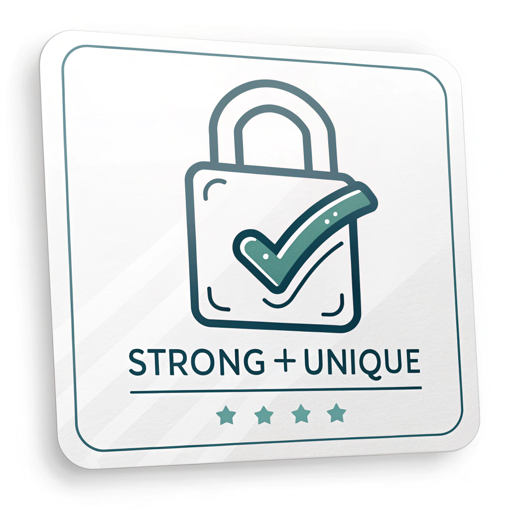Simple icon design: A stylized padlock with a distinct checkmark superimposed or integrated into its body, symbolizing a verified, strong password. Minimal text: 'Strong + Unique'.