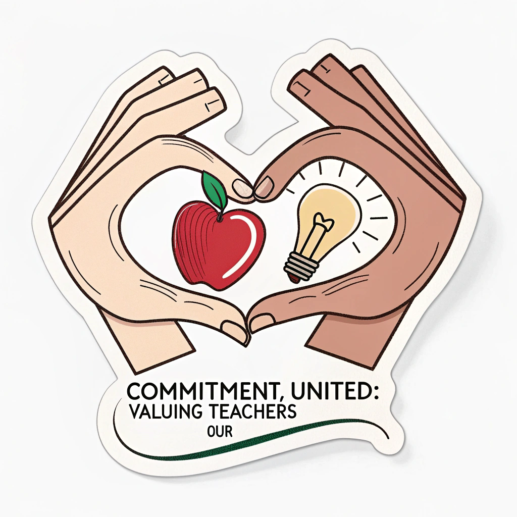 United Hearts: A design showing interlocking hands forming a heart around a classic teacher symbol (like an apple or a lightbulb). Text: 'Our Commitment, United: Valuing Our Teachers.'