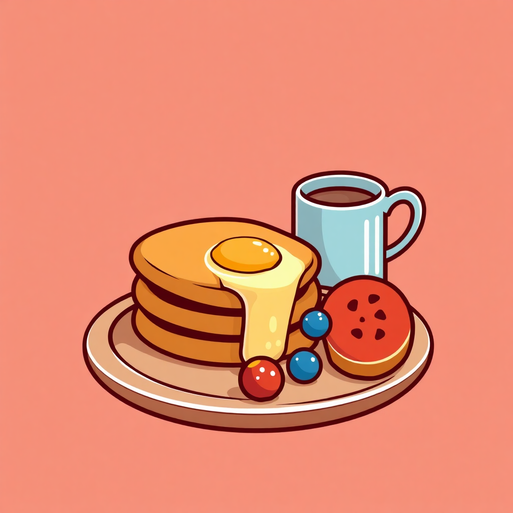 The image is an illustration of a plate with a stack of pancakes and a cup of coffee. The pancakes are golden brown and appear to be freshly made. On top of the pancakes, there is a dollop of butter and a drizzle of syrup. There are also a few blueberries and a slice of watermelon on the plate. The background is a light peach color. The overall style of the illustration is cartoon-like and playful.