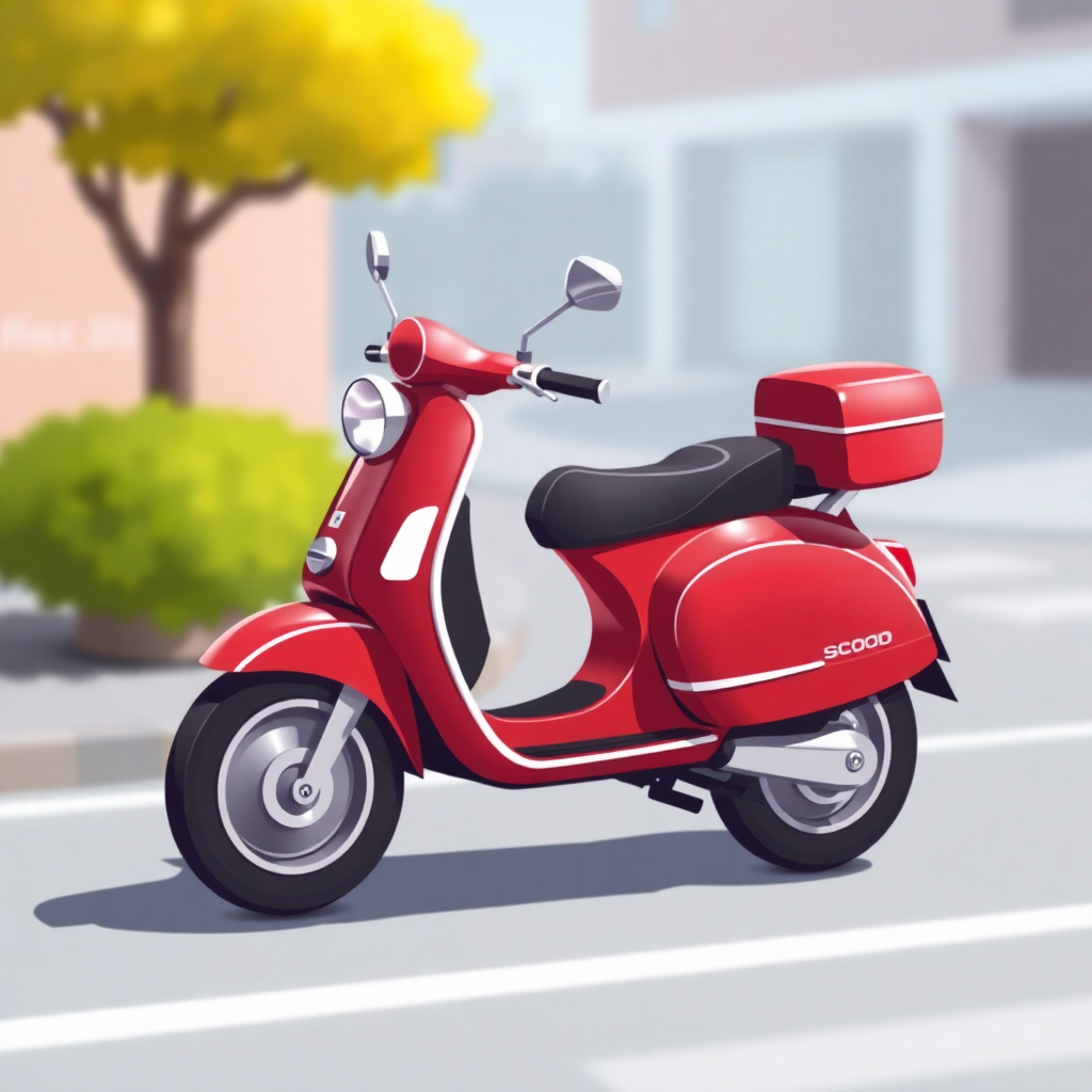  a red scooter parked on the side of a street. The scooter has a black seat and a red box attached to the back. It has two mirrors on the front and a handlebar on the back for easy maneuvering. The street is lined with trees and there is a building in the background. The sky is blue and the overall color scheme of the image is bright and cheerful.