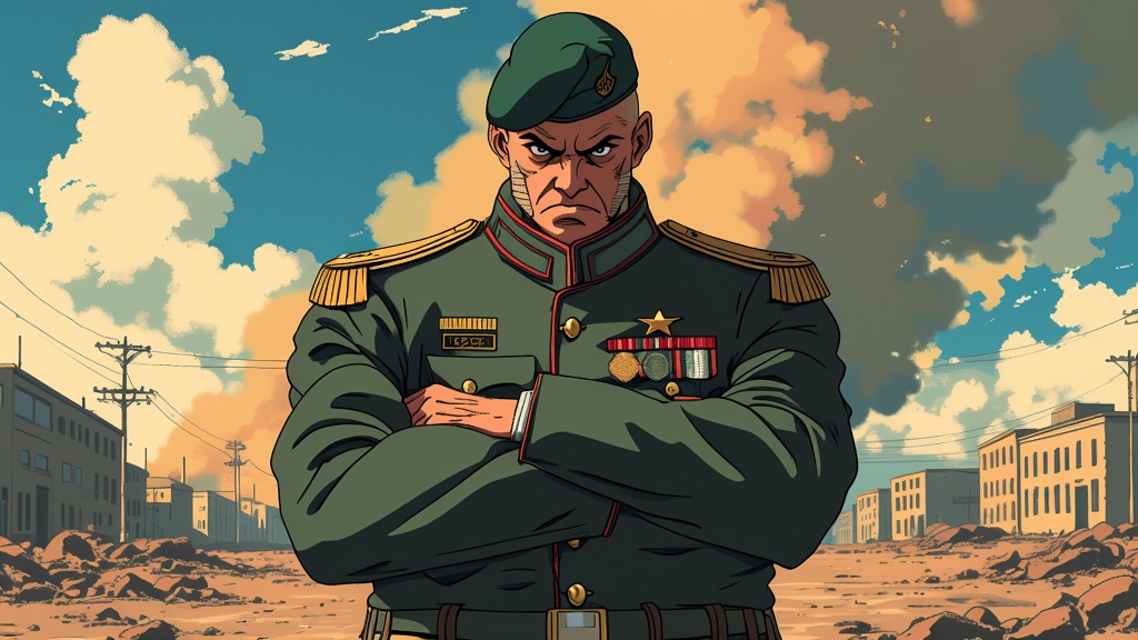 The image is an illustration of a man in a military uniform standing in a barren landscape. The man is wearing a green beret and has a serious expression on his face. He is standing with his arms crossed in front of him and appears to be deep in thought. The background shows a cityscape with buildings and power lines. The sky is blue with a few clouds and there is a hint of smoke in the air. The overall mood of the image is tense and somber.