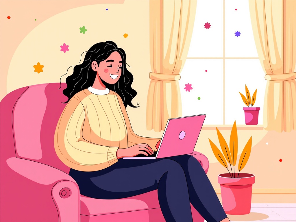  a young woman sitting on a pink armchair in a living room. She is wearing a yellow sweater and blue pants and has long dark hair. The woman is smiling and appears to be working on her laptop. The room has a window with beige curtains and a potted plant on the windowsill. The walls are decorated with colorful flowers and there is a rug on the floor. The overall style of the illustration is cartoon-like.