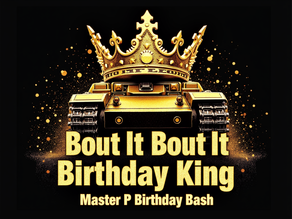 A design featuring an iconic tank logo (reminiscent of No Limit Records) embellished with a golden 'Birthday King' crown. The text 'Bout It Bout It Birthday King' in a bold, gold, or bling font. 'Master P Birthday Bash' could be a header or footer.