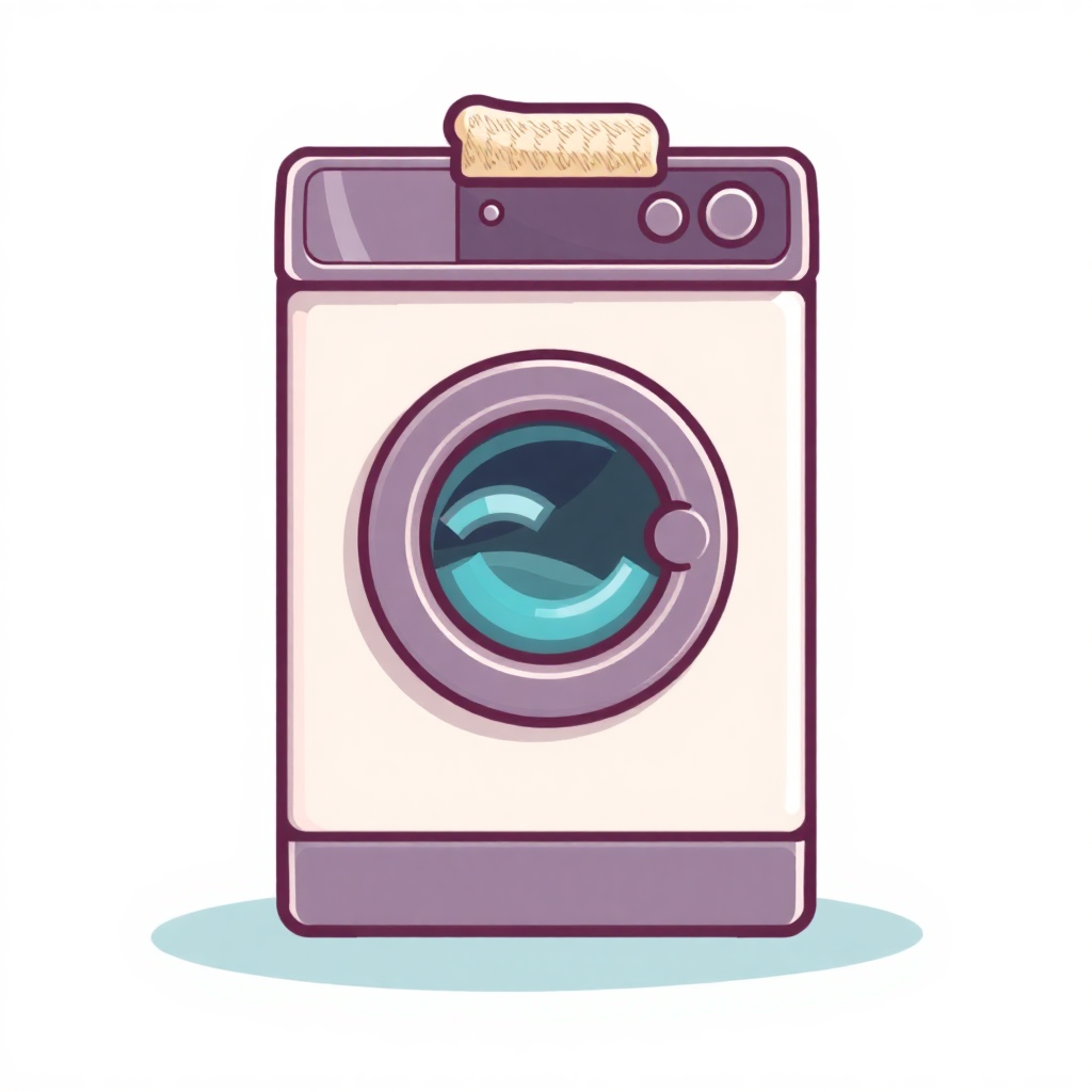 The image shows a cartoon washing machine with a cork on top of it, set against a white background.