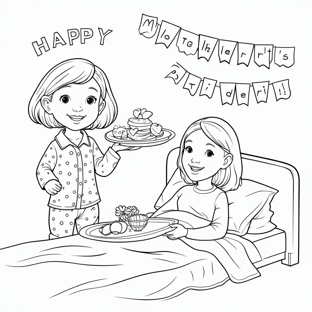 A coloring page depicting a child proudly presenting a tray with breakfast in bed to their mother. The tray could feature heart-shaped pancakes, fresh fruit, and a small vase of flowers. Include a 'Happy Mother's Day!' banner.