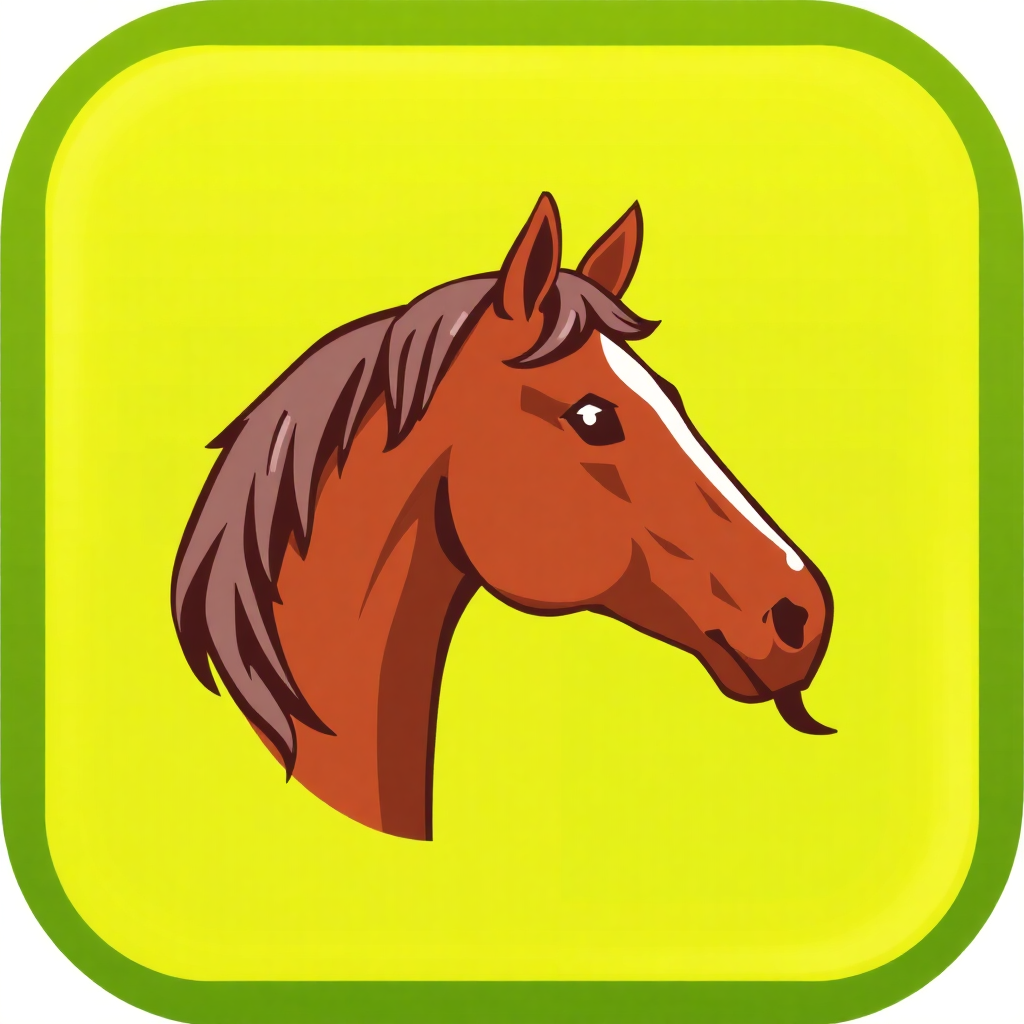 The image is a square icon with a yellow background and a green border. In the center of the icon, there is a head of a brown horse with a white stripe on its forehead. The horse's head is facing towards the right side of the image and its mane and tail are flowing in the wind. The overall design is simple and cartoon-like.