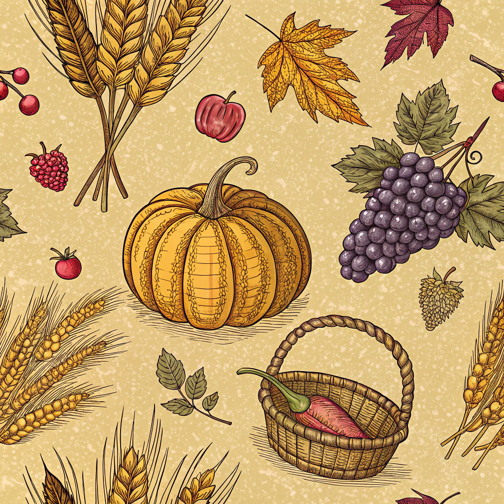 Detailed Thanksgiving pattern featuring vintage-style illustrations of farm harvests, including wheat sheaves, cornucopias, and vineyard grapes. Set against a textured golden backdrop, it evokes nostalgia and the historical roots of Thanksgiving harvests.