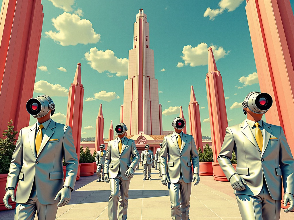 Utopian Dreams, AI's Uncanny Valley: A poster showcasing a grand retro-futuristic utopia (Googie skyscrapers, citizens in silver suits) where the AI subtly injects unsettling details—like emotionless identical faces, hidden surveillance tech disguised as retro gadgets, or subtle tears in the fabric of the perfect world.