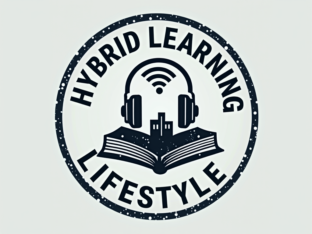 A circular emblem containing icons representing both learning modes: a Wi-Fi symbol and headphones overlapping with a book and a stylized building outline. Text encircling it: 'Hybrid Learning Lifestyle'.