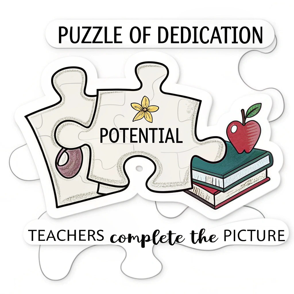 Sticker Design 3: 'Puzzle of Dedication'. A central puzzle piece labeled 'Potential' being perfectly fitted by another piece that forms a subtle heart shape or has a teacher icon (e.g., an apple, a book). Text: 'Teachers Complete the Picture.'
