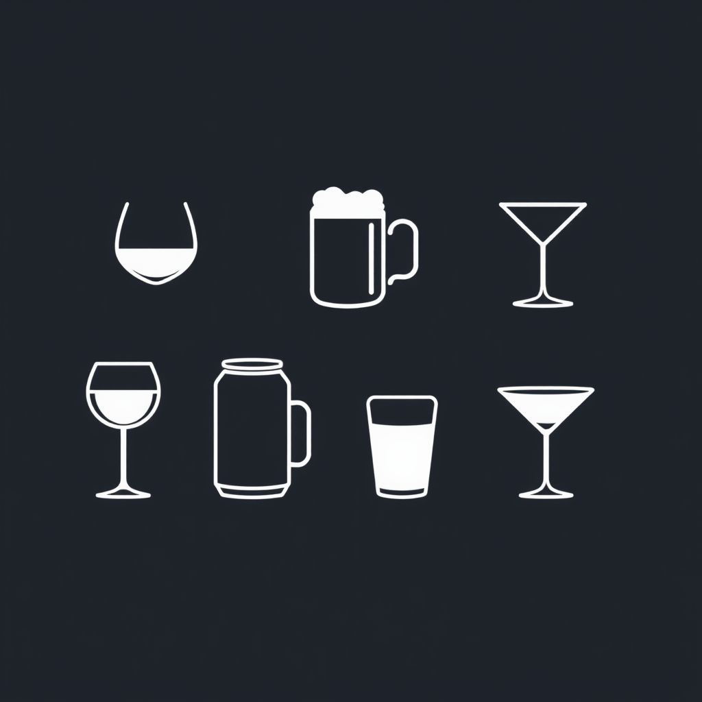Minimalist outline icons focusing on recognizable silhouettes of drinkware (e.g., wine glass, beer mug, soda can, coffee cup, cocktail glass) with an optional single line for liquid level.
