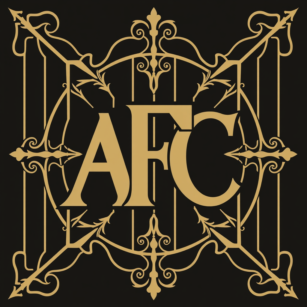 Art Deco 'AFC' Letters & Highbury Gates Motif: Combine the letters 'AFC' in a custom Art Deco typeface, intertwined or stacked. As a background or framing element, incorporate a stylized motif reminiscent of Highbury's iconic gates or ironwork, using symmetrical lines and period details.