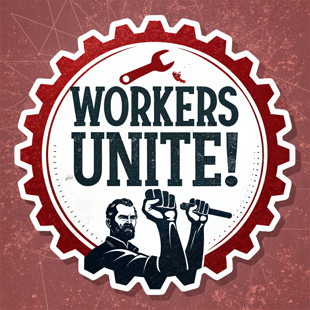 Sub Design 2: Integrate the text 'Workers Unite!' with a classic protest symbol like a raised fist silhouette, possibly holding a simple tool (hammer/wrench) or emerging from a gear. Stark color contrast (e.g., black on red).