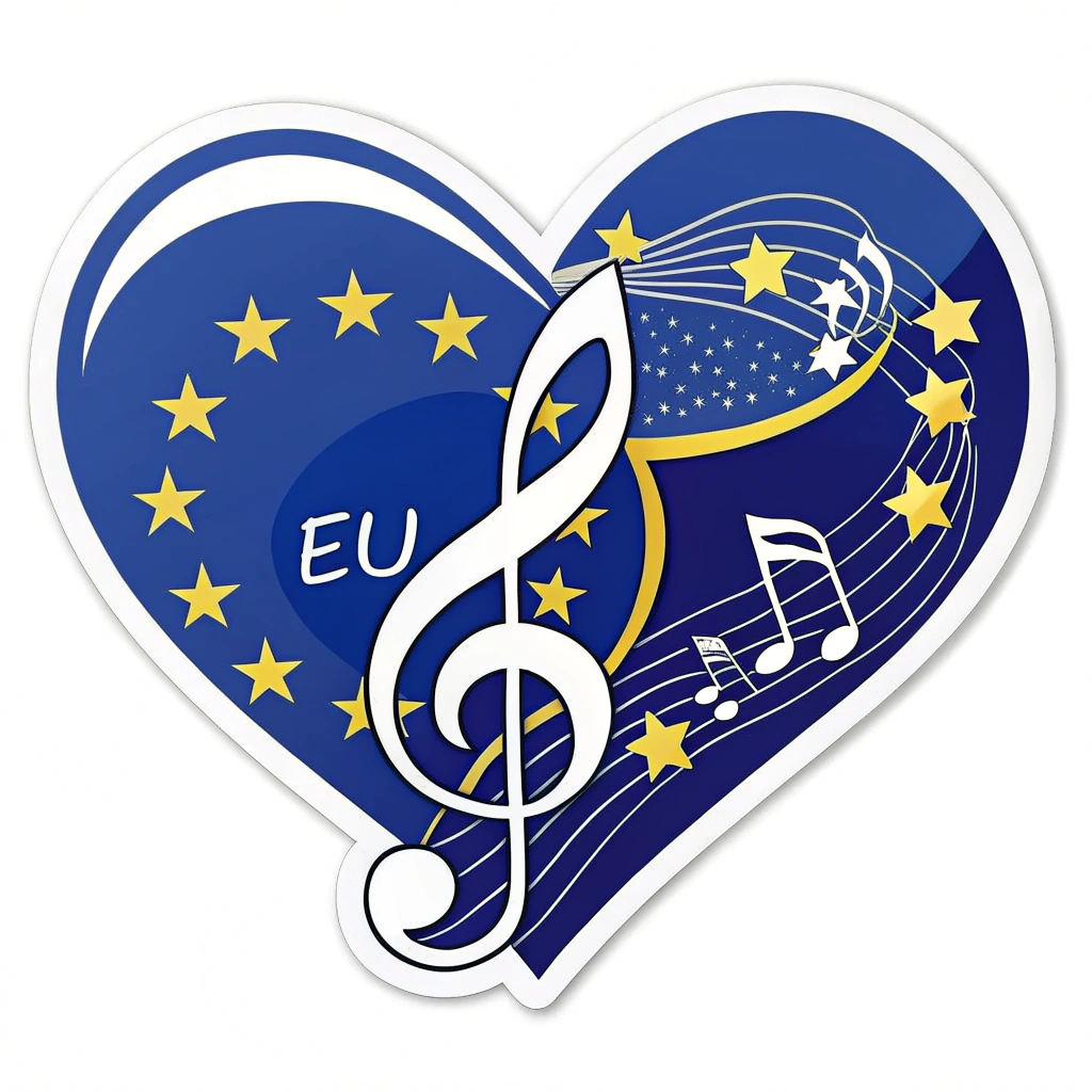 A heart-shaped sticker combining the EU flag and a musical note, with the slogan subtly placed around it.