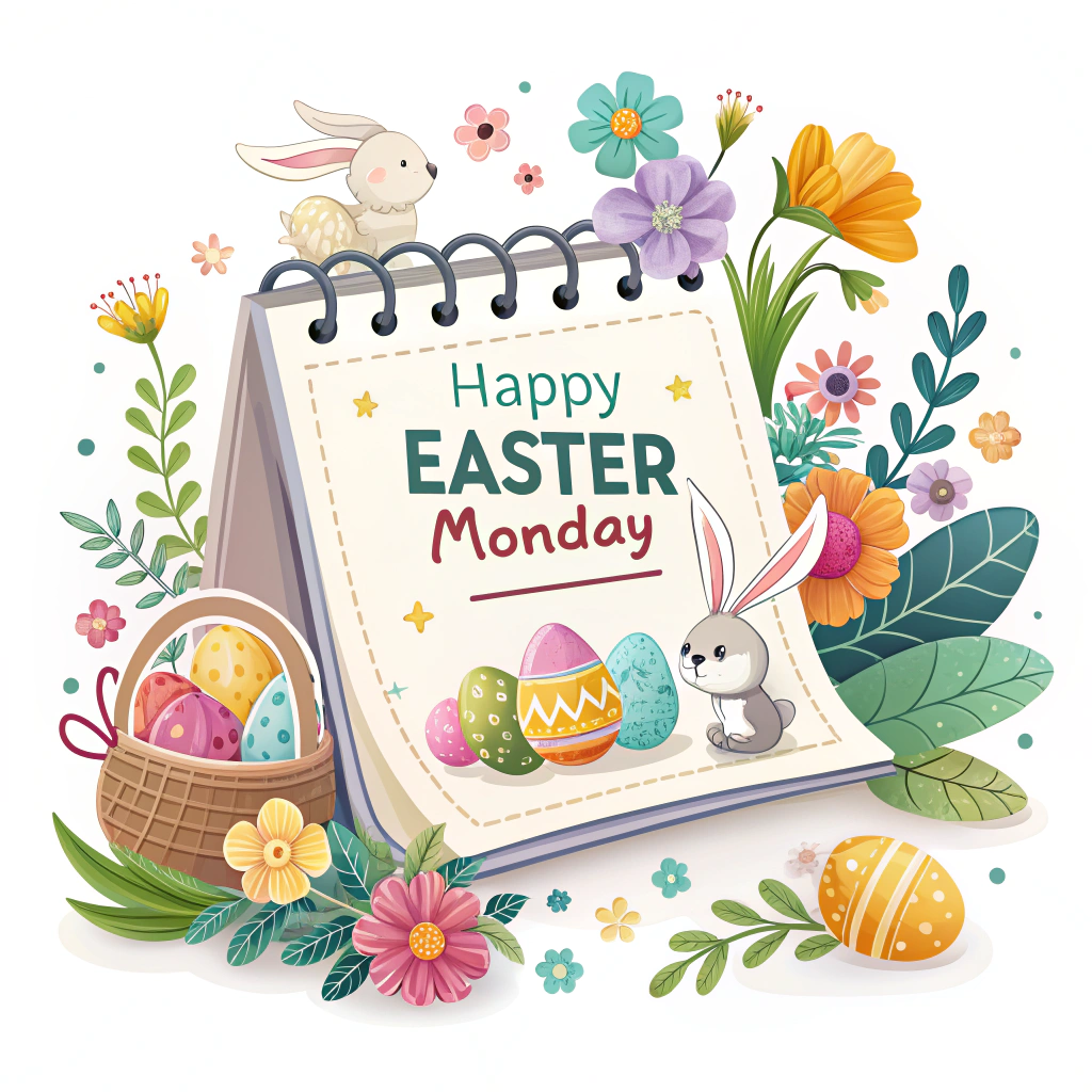 A sticker depicting a calendar page open to Monday with Easter-themed decorations and the words 'Happy Easter Monday'.