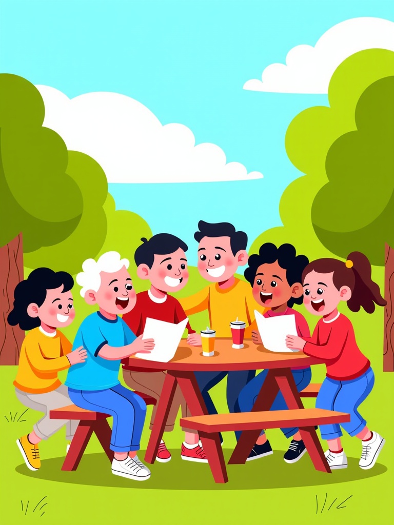  a group of six children sitting around a picnic table in a park. There are six children in total, three boys and three girls, all of whom are smiling and appear to be engaged in a conversation. The table is set up in a grassy area with trees and a blue sky in the background. The children are sitting on benches around the table, and there are two cups of coffee on the table. One of the children is holding a piece of paper, while the others are looking at it with interest. The overall mood of the image is cheerful and happy.