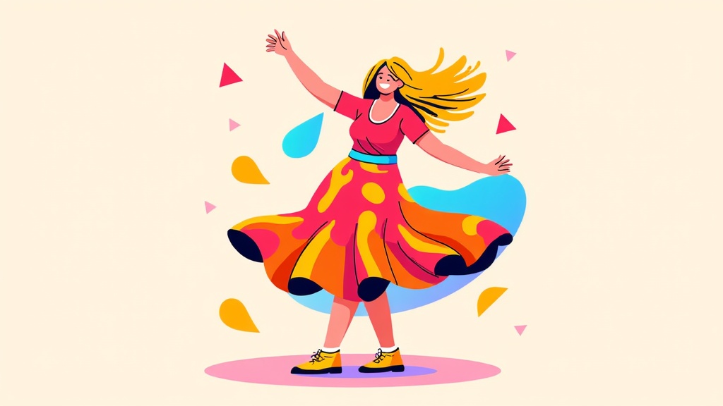 The image is an illustration of a young woman dancing. She is wearing a pink top and a colorful skirt with yellow polka dots. Her hair is flowing in the wind and she has a big smile on her face. The background is a light beige color and there are colorful triangles scattered around the woman. The woman is standing on a pink circle with her arms stretched out to the sides. She appears to be in the middle of a dance move.