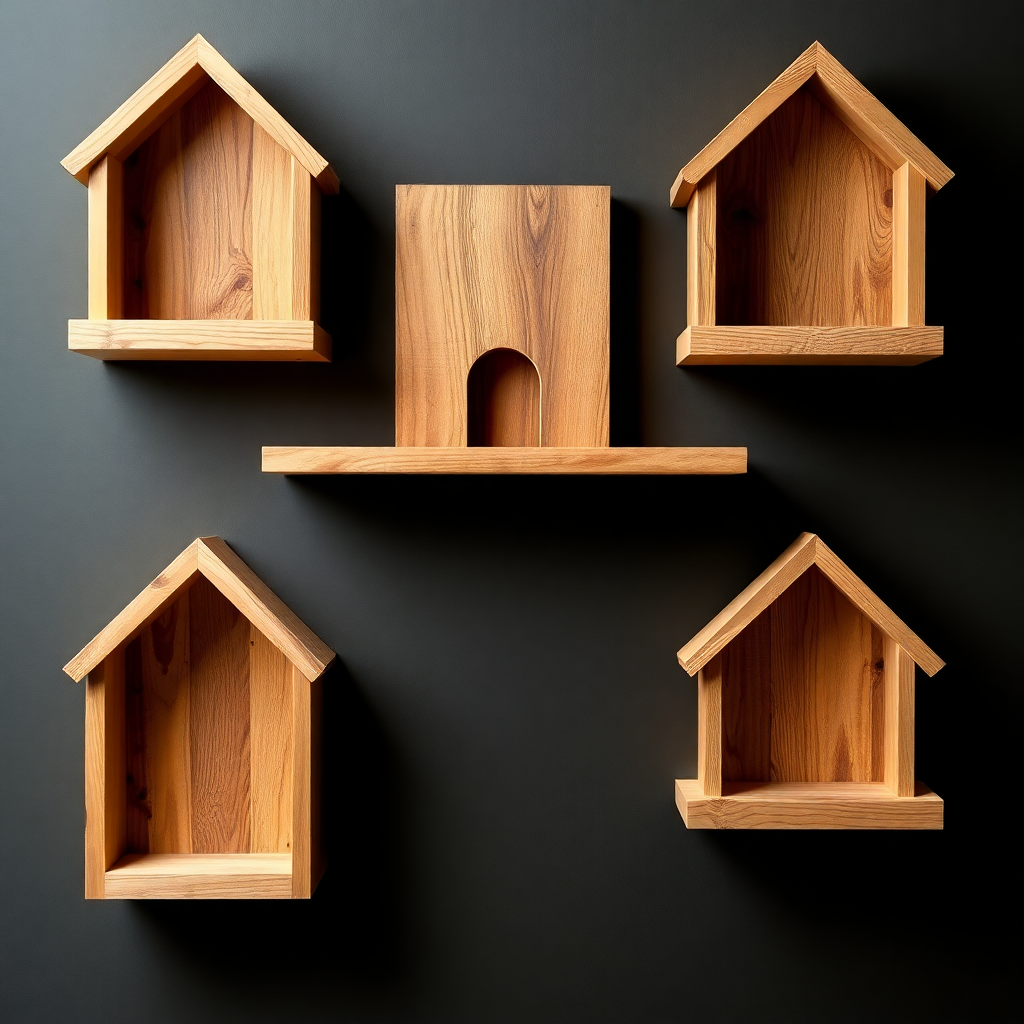 A series of wooden wall shelves, each shelf crafted from reclaimed wood with a rough, unpolished finish, with a house shape attached to the front of each one