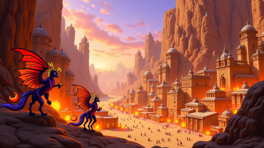 A sprawling desert metropolis carved directly into towering sandstone cliffs, with streets illuminated by enchanted flames, and Djinn serving as guardians or merchants.