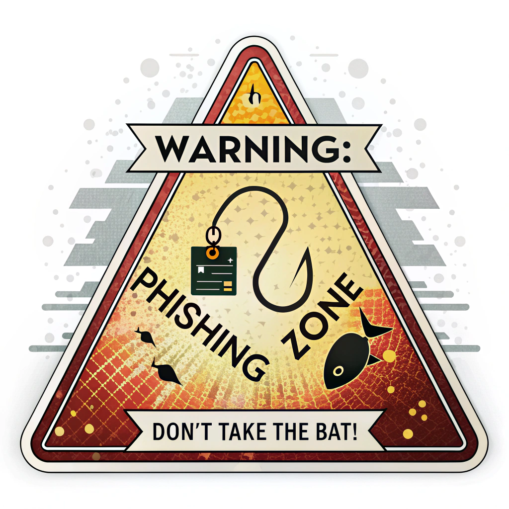 Warning Sign Post Design: A digital-themed warning sign (e.g., triangular hazard sign with a pixel border or a glowing effect) featuring a central fish hook icon inside. Text: 'WARNING: PHISHING ZONE' with 'Don't Take the Bait!' clearly displayed below.