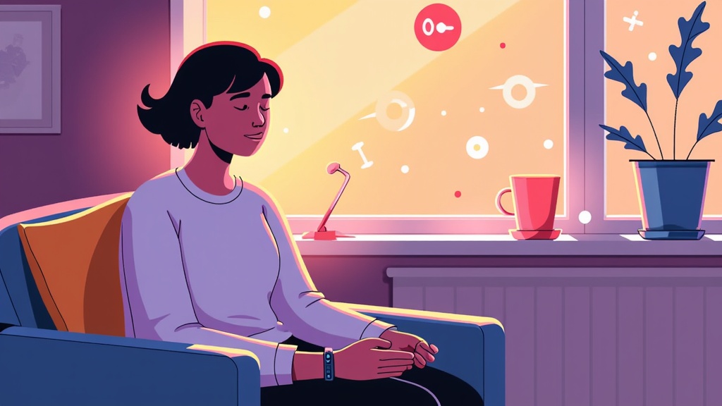 Depict an AI as a subtle, supportive presence in daily life – perhaps through a wearable device or integrated home system. The AI proactively offers gentle nudges, calming exercises, or connection to support when it detects early signs of stress or anxiety, visualized through soft UI overlays in the person's environment.