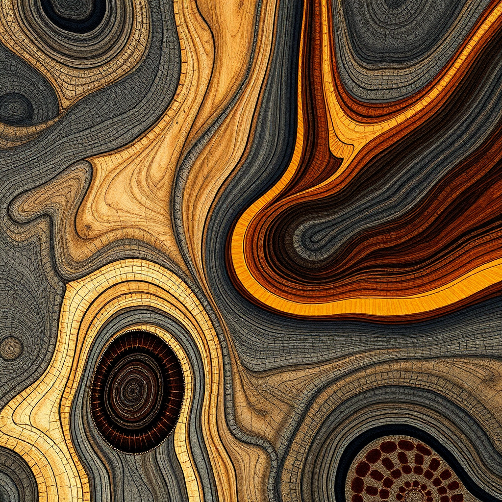 Produce a series of fine art prints using mixed media to layer and distort wood grain patterns for surreal effect.