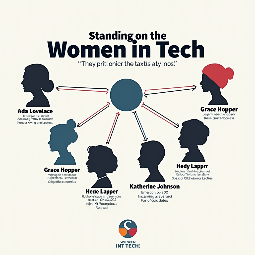 Women in Tech Historical Lineage design: A clean, infographic-style layout showcasing several key figures (Lovelace, Hopper, Lamarr, Johnson, etc.) with their names, a key achievement, and a connecting line or an empowering collective slogan like 'Standing on the Shoulders of Giants'.