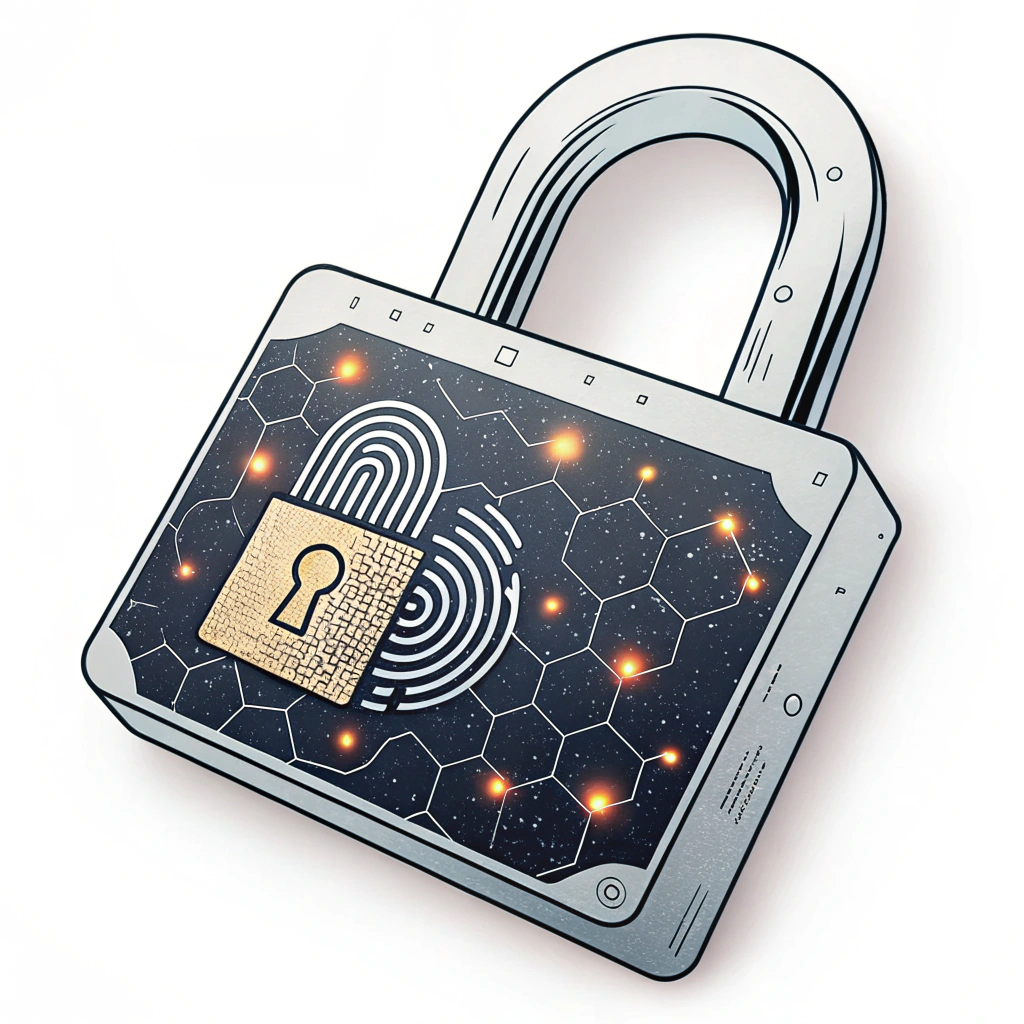 Sub-design 3: A padlock where the traditional keyhole is replaced by a unique digital interface, like a fingerprint scanner icon or a matrix of glowing dots. The body of the padlock could have a subtle hexagonal data pattern overlay.