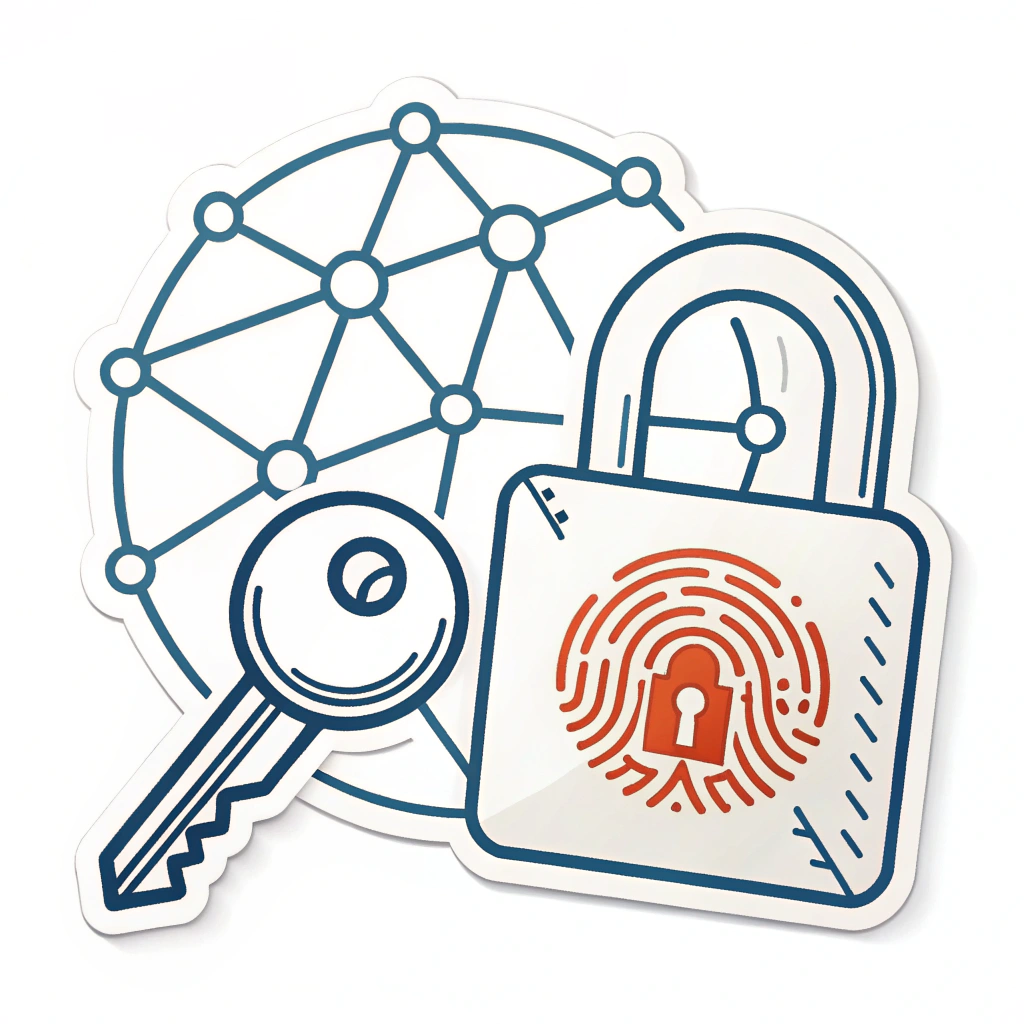 Abstract Network Lock & Key Sticker: A more abstract design where the lock is represented by interconnected nodes (like a network) forming a protective barrier, and the key is a stylized 'access token' or fingerprint icon aiming for a central point.