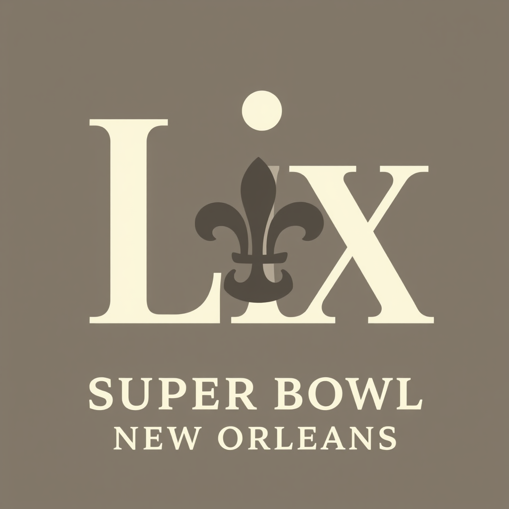 Simple Logo Idea: The Roman numeral 'LIX' is centrally featured. The 'I' within 'LIX' is subtly replaced or artistically integrated with a simplified New Orleans icon like a fleur-de-lis or a saxophone silhouette. The typography is a bold, timeless serif font, with 'SUPER BOWL NEW ORLEANS' placed below in a complementary clean sans-serif.