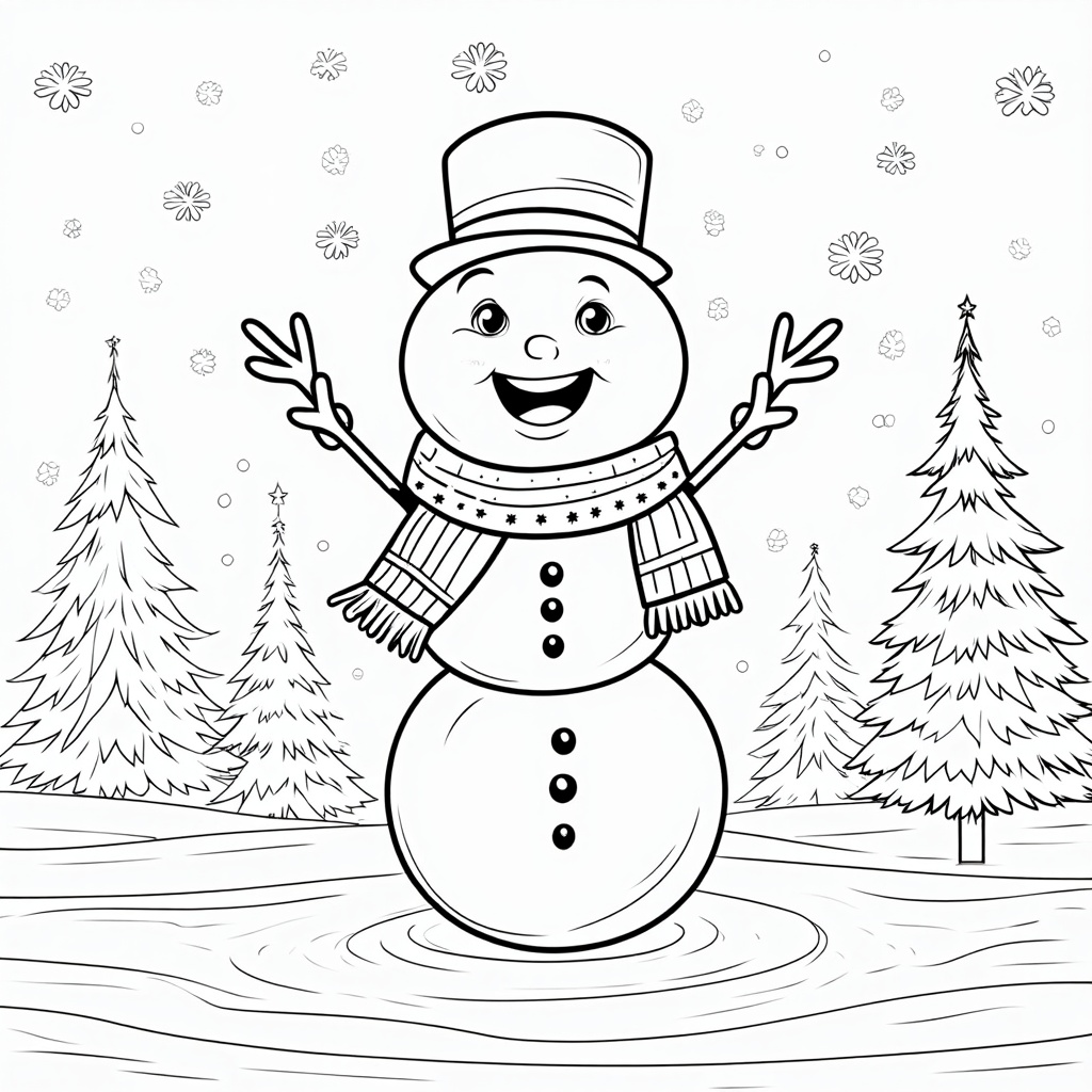 The image shows a snowman in the snow with trees in the background. The snowman is wearing a top hat, scarf, and gloves, and is surrounded by a wintery landscape of snowflakes falling from the sky. There is a watermark on the image, indicating that it is a free printable coloring page.