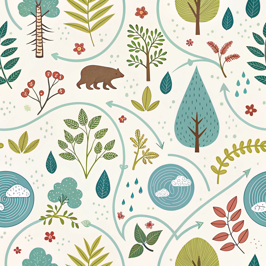 Patterns inspired by natural ecosystems, showing symbiotic relationships and resource flows (e.g., water cycles, nutrient cycles) through interconnected motifs and repeating elements.