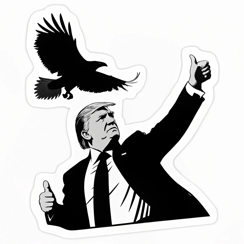 An image of Trump giving a thumbs-up with a bald eagle soaring behind him, both in silhouette.