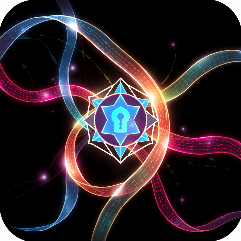 Intertwining ribbons or strands of light, representing data streams, that pass through a geometric, crystalline structure (the 'encryption core') and emerge with altered patterns or colors, signifying data transformation and protection.