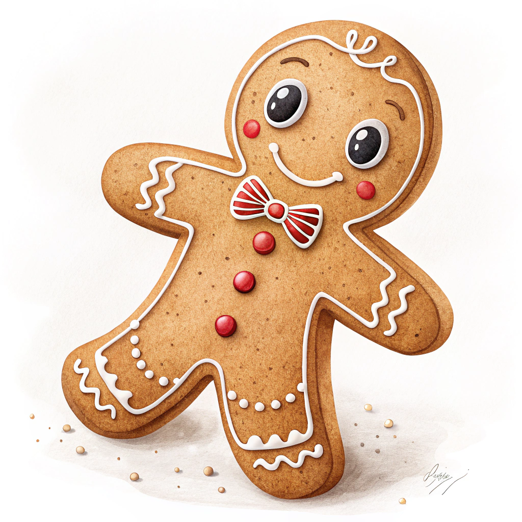 The image shows a gingerbread man with a red bow on his head, painted in brown, white, and red colors against a white background.