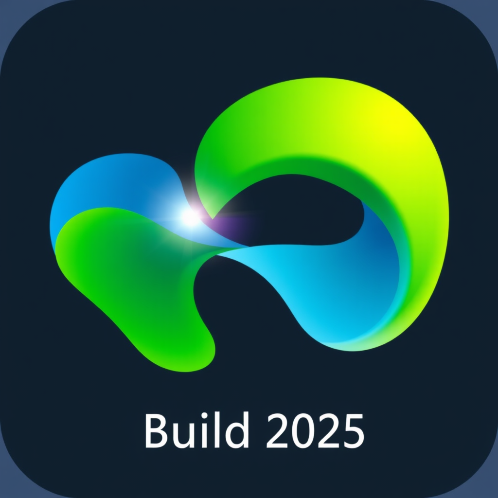 Two distinct abstract, fluid shapes, possibly in complementary Microsoft brand colors (e.g., a structured blue and an energetic green), are shown in the process of merging. Where they overlap, a brighter, new color segment or a subtle light effect is formed, symbolizing the creative and technological synergy. The text 'Build 2025' would be integrated cleanly beneath or alongside.
