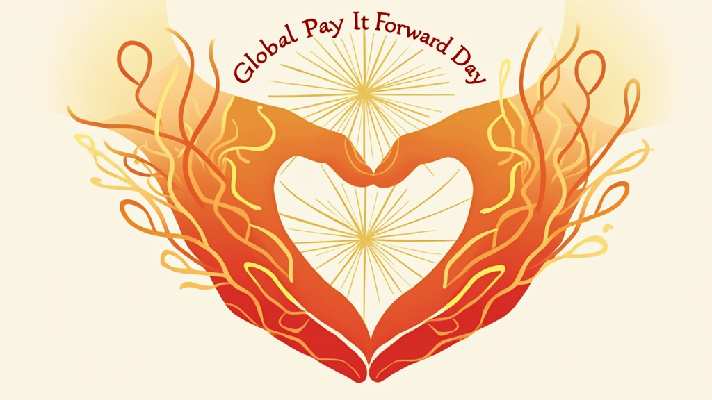 Abstract design using interconnected lines forming stylized hands and a subtle globe motif. Warm color palette. Text: 'Kindness Connects Us - Global Pay It Forward Day'.