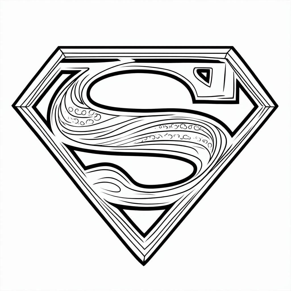 A coloring page featuring a large, bold superhero emblem with intricate details and patterns for kids to color in.
