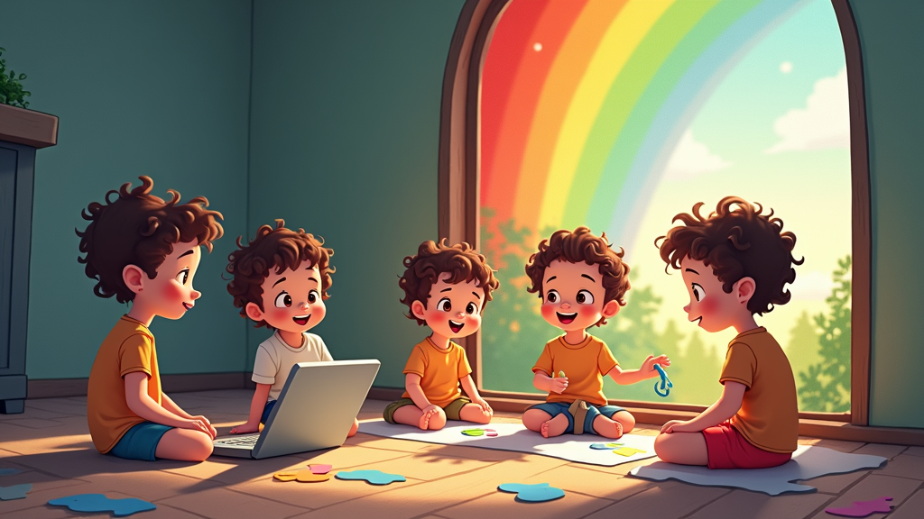 Panel Sequence: A series of panels showing the child's world becoming dull and grayscale as their allotted screen time diminishes, then bursting into vibrant color when they engage in offline activities.