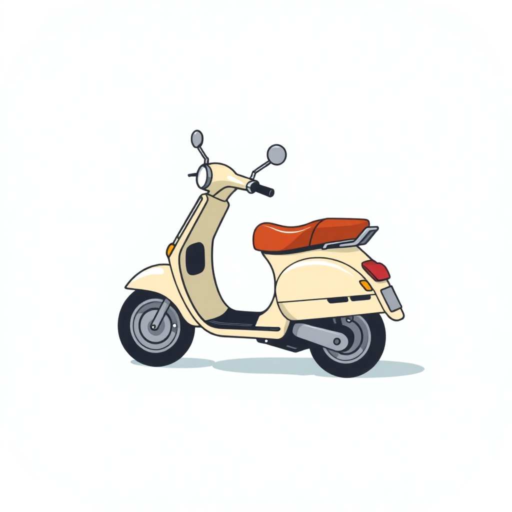 The image is a digital illustration of a scooter. The scooter is beige in color with a red seat and handlebars. It has two round mirrors on the front and two smaller mirrors on either side of the handlebars on the top. The front of the scooter has a small engine and a license plate that reads Vespa. The wheels are black and appear to be made of rubber. The background is white.