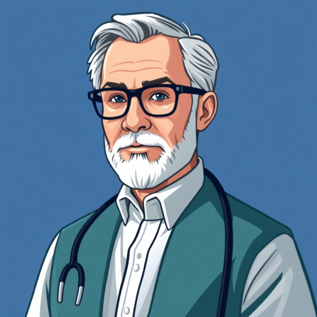 The image is a digital illustration of an elderly man with a white beard and mustache. He is wearing a green vest and a stethoscope around his neck. He has a serious expression on his face and is looking directly at the camera. The background is a solid blue color. The man appears to be a doctor or a medical professional.