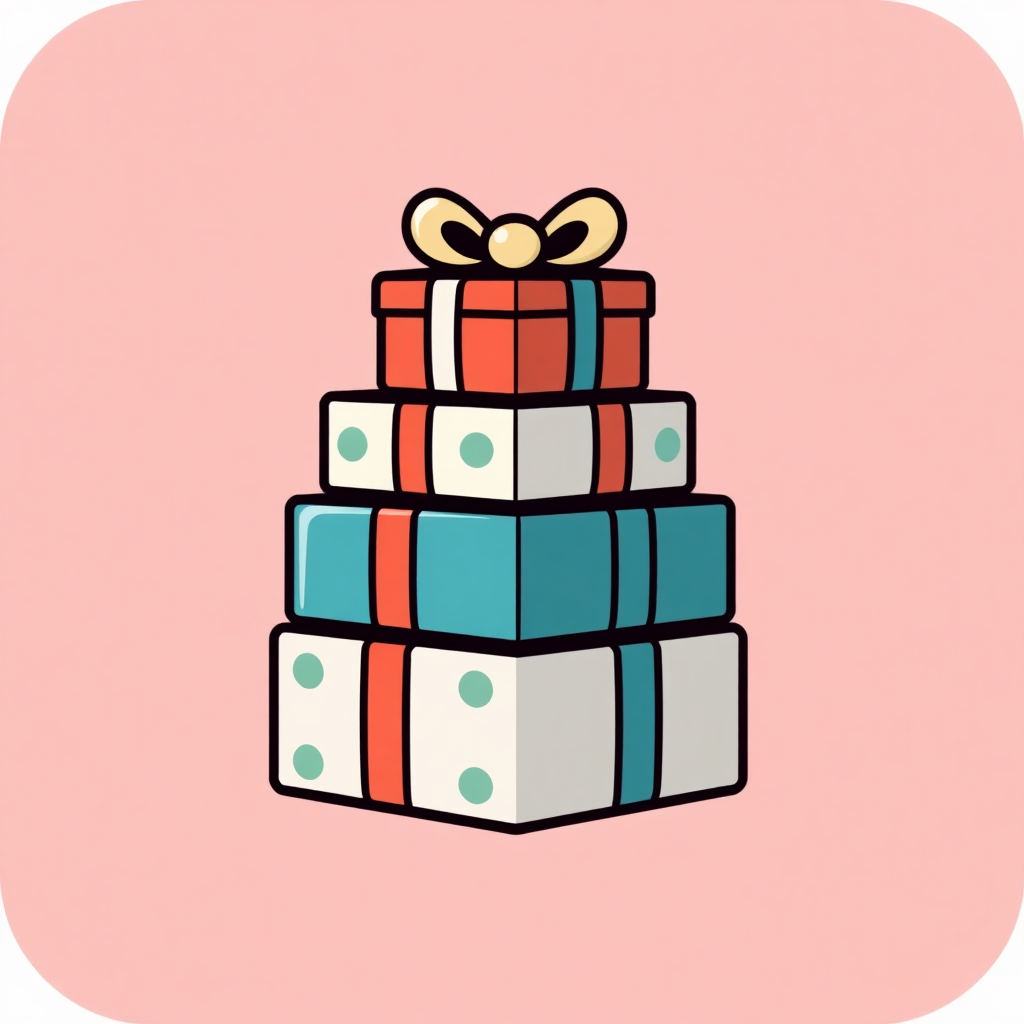 A logo with a stylized stack of gift boxes forming a pyramid shape, using a limited color palette.