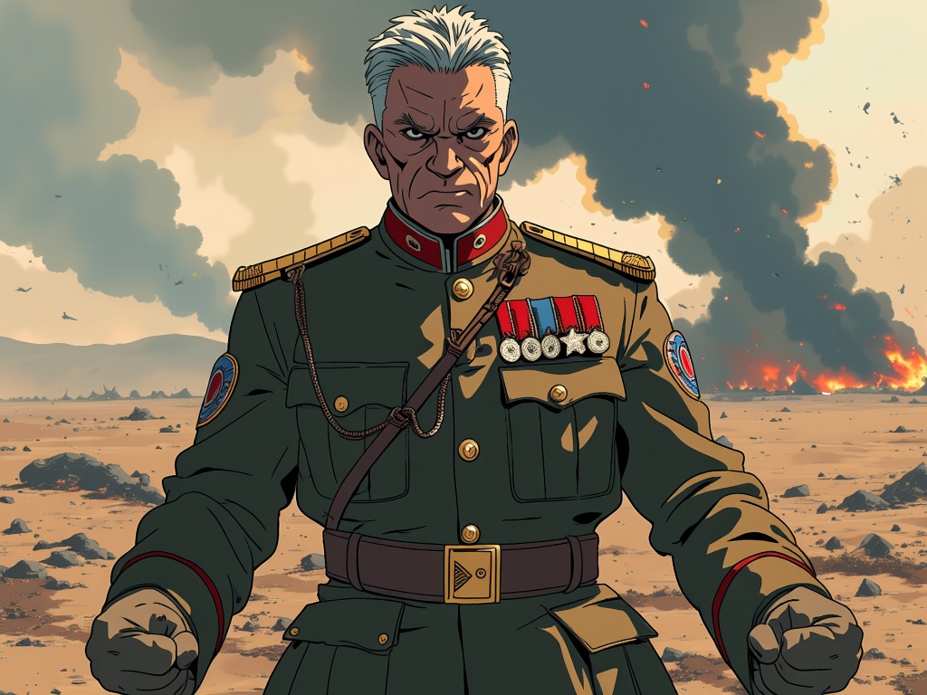 The image is an illustration of a man in a military uniform standing in a desert-like landscape. The man appears to be in his late 40s or early 50s, with white hair and a serious expression on his face. He is wearing a green military uniform with gold epaulettes and medals on his chest and sleeves. His arms are crossed in front of him and he is holding a sword in his right hand. In the background, there is a large explosion with smoke and flames rising up into the sky. The overall mood of the image is tense and ominous.